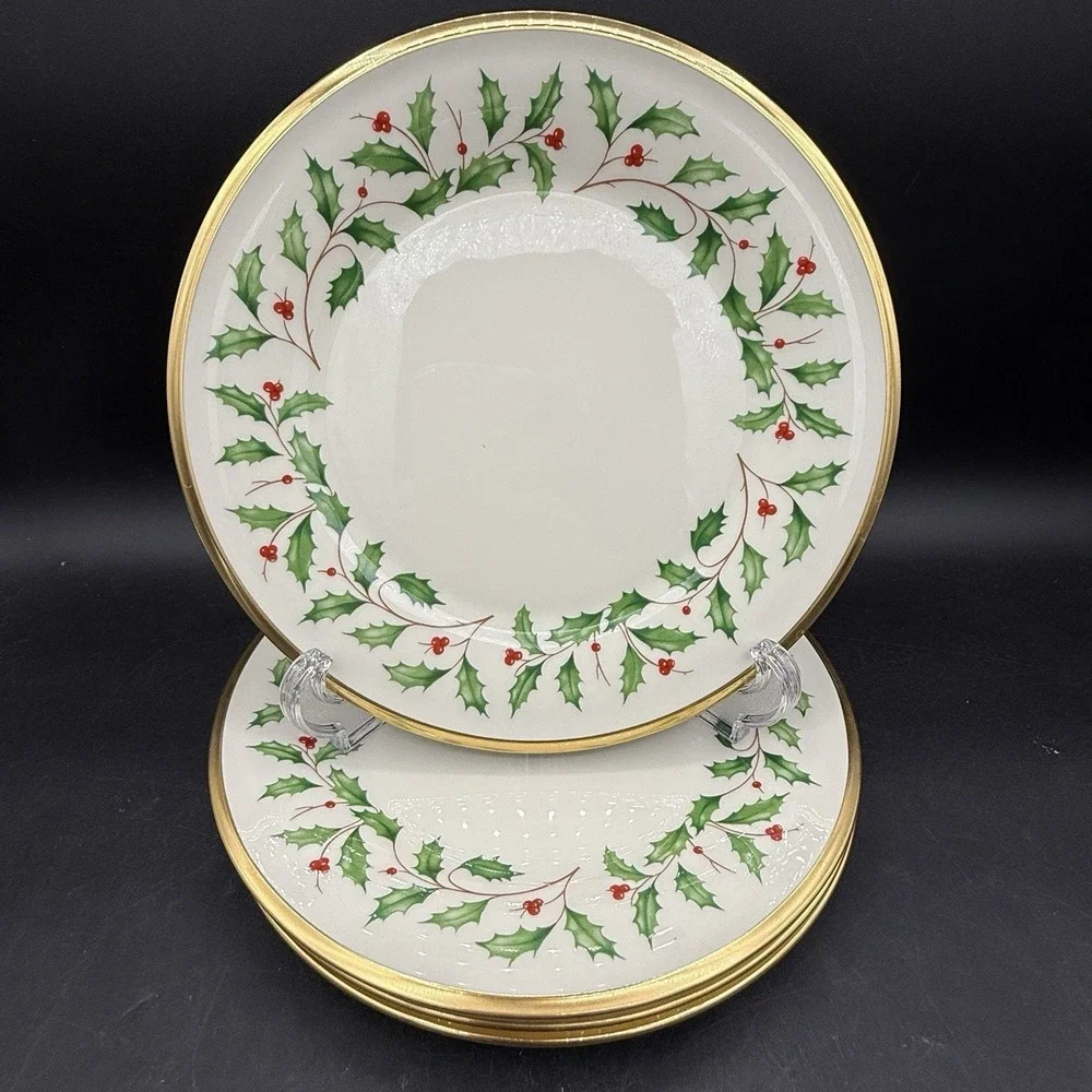 4 Lenox Holiday‎ Dimension Salad Plate Holly Berries Gold Rim Christmas MINTY